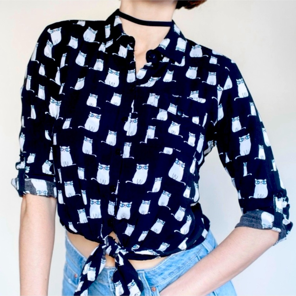 Love Notes Black Front Tie Cat Lover Feline Button up Girlhood Grenola girl M